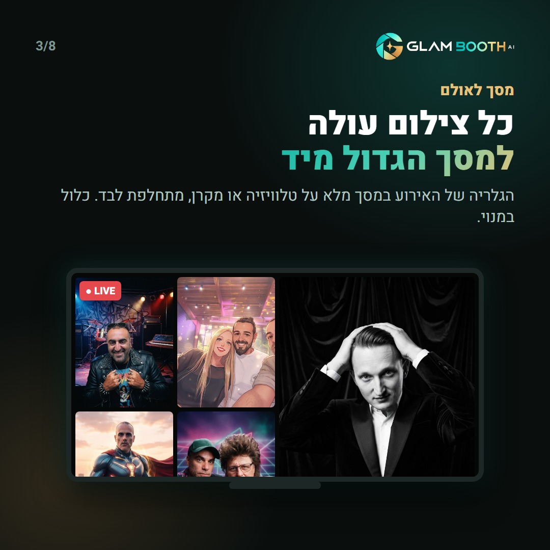 גלריית האירוע של GLAM BOOTH AI על מסך גדול באולם