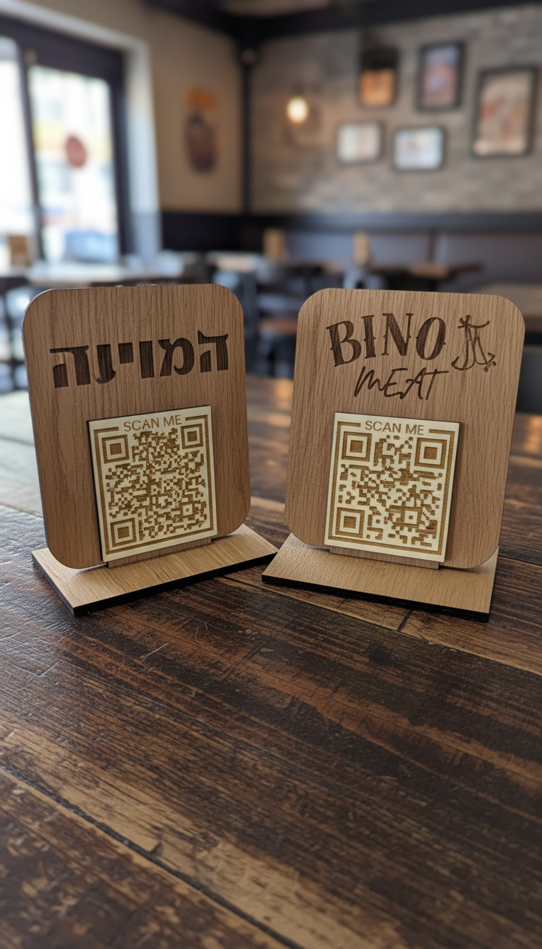 שלט ברקוד QR מעץ לתפריט דיגיטלי למסעדות ולעסקים