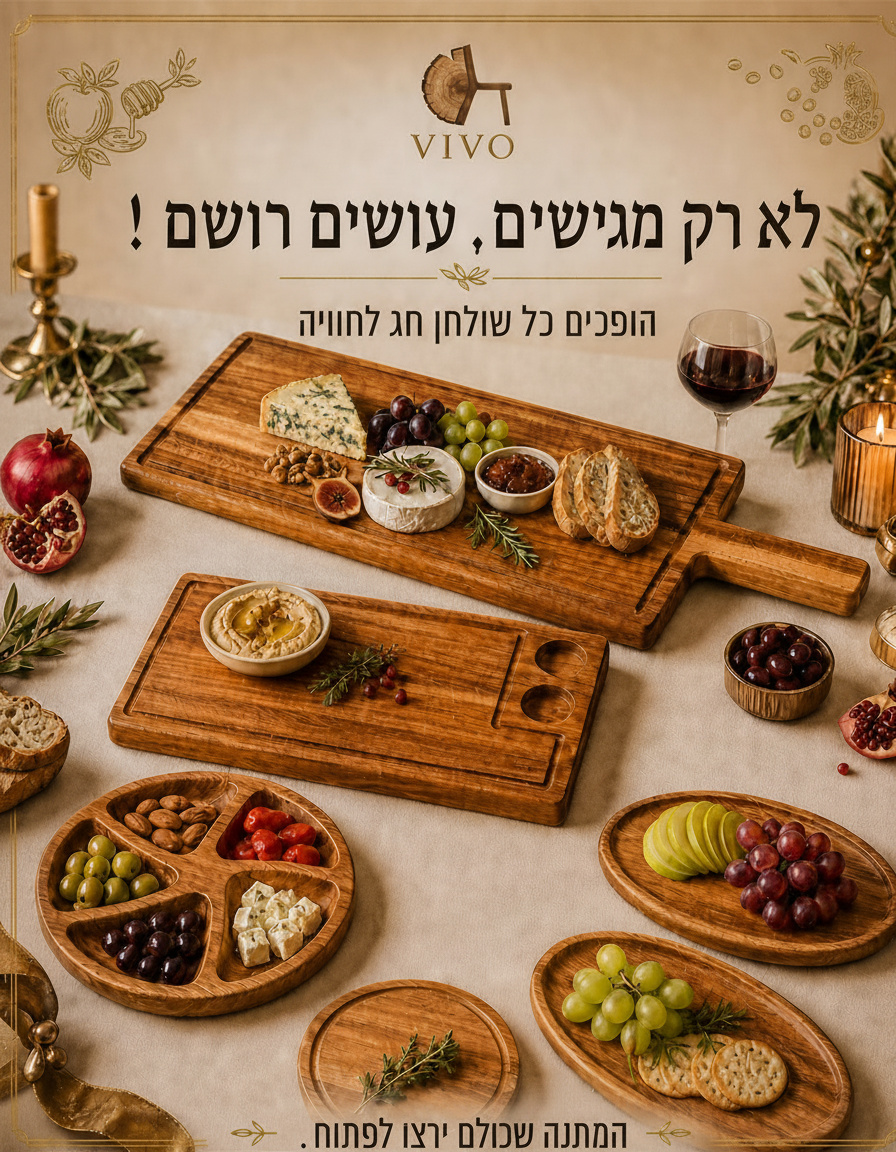 קטלוג קרשי חיתוך והגשה מעץ מלא של VIVO על שולחן חג – קרש ארוך עם ידית וגבינות, מגש מחולק לפיצוחים וזיתים ומגשים אליפטיים עם ענבים