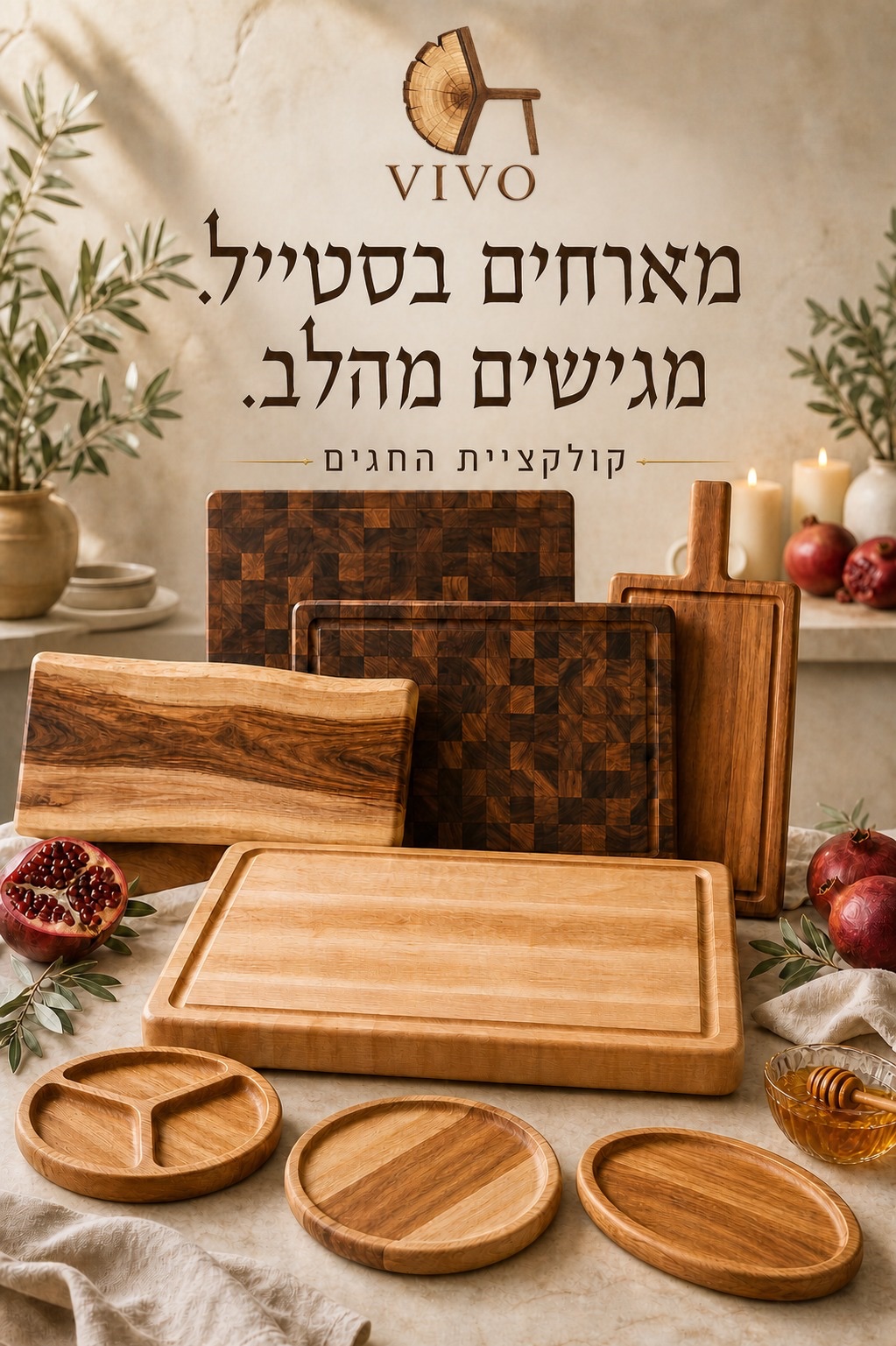 קולקציית החגים של vivo WOOD works – קרשי חיתוך והגשה מעץ מלא, מגשים עגולים וצלחת מחולקת על שולחן מעוצב עם רימונים ודבש