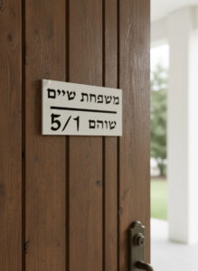 שלט כניסה לבית מאקריליק לבן עם אותיות שחורות ושם משפחה וכתובת, מודבק על דלת עץ חומה