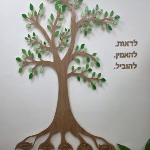 עץ קיר תלת־ממדי מעץ עם עלים ירוקים ושמות מגולפים בשורשים, מותקן על קיר לבן לצד הכיתוב לראות להאמין להוביל